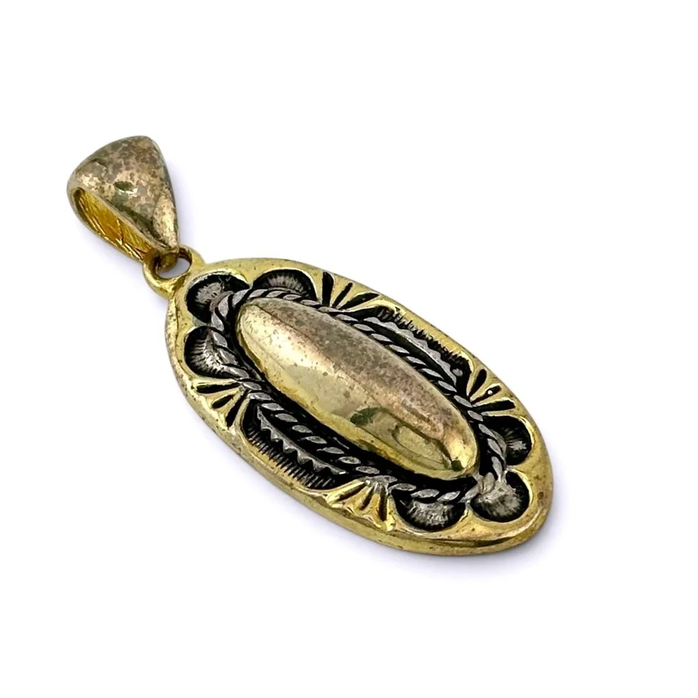 Vintage Southwestern Two Tone Silver Gold Oval Pendant Hand Stamped 2.5